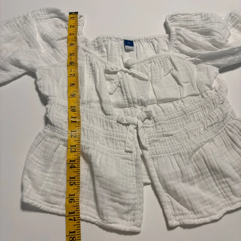Old Navy Girls XL White Cotton Gauze Tie Front Smocked Peasant Blouse Top